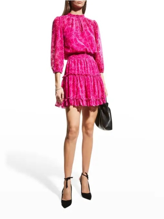 Shoshanna Dresses & Skirts - Shoshanna Magenta Pink Burnout Velvet Ruffle Mini Dress 8 Smocked Waist party